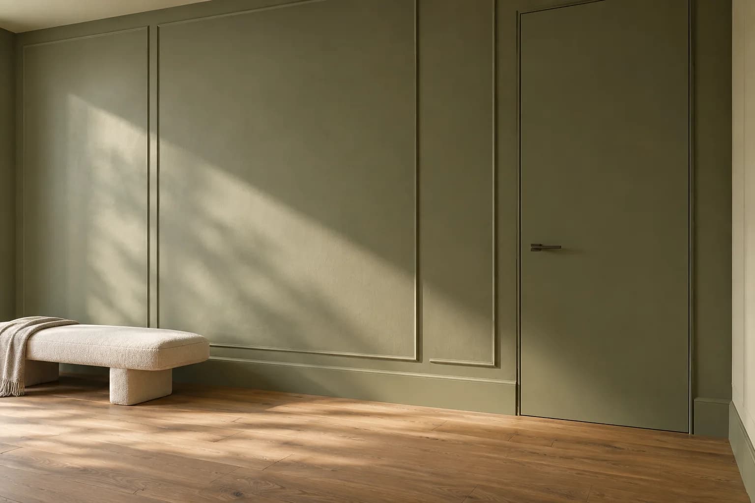 Een olijfgroene geschilderde wand met zorgvuldig afgewerkte deur